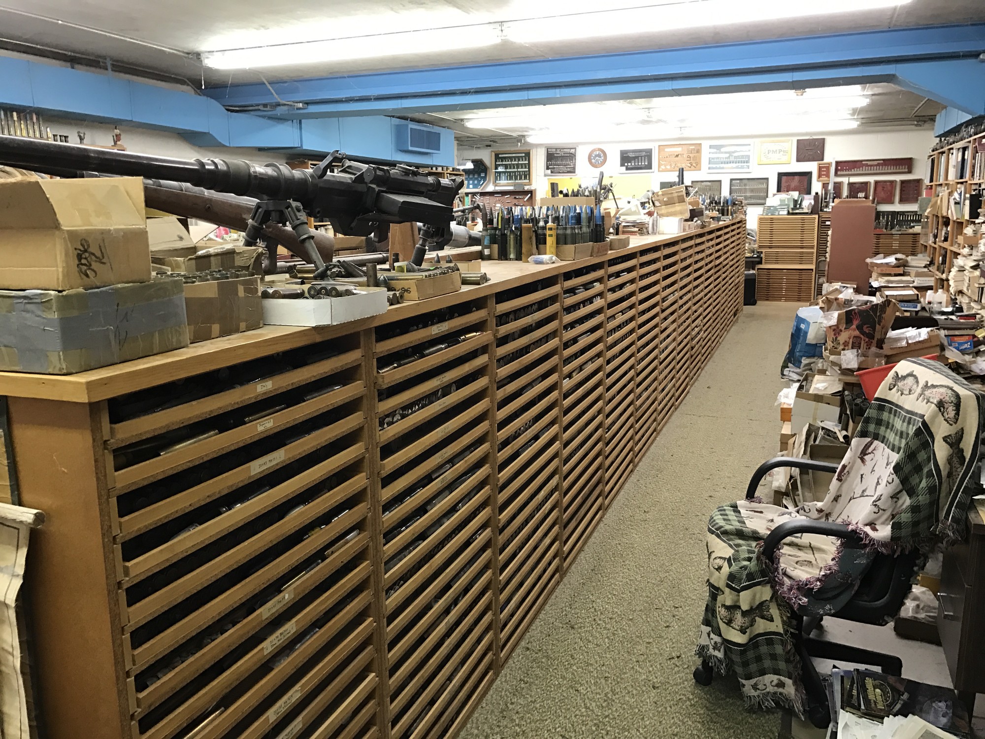Rows of wooden specimen cabinets extending through the Woodin Laboratory.