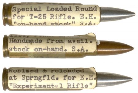 Lot 102 - A group of three early T-65 7.62x47mm pre-NATO rounds. HWS Vol. III Page149-150, Fig. 176. First round, made from available stock on hand at Springfield Armory, “U.S.C.CO. 300 Sav;“ Special loaded round for T-25 rifle, on-hand stock, Springfield Armory, “REM-UMC 300 Sav;” and Resized and reloaded at Springfield Armory for experimental rifle, “REM-UMC 300 SAV.” Ex-Woodin collection. $90-125
