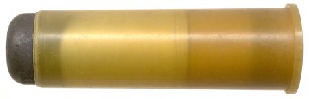 Lot 122 - AAI TRICAP 20 x 75R cartridge. Translucent mustard-tan plastic case. Flat nose lead bullet with rounded edges. Headstamp: “AAI 75 TRICAP TP LOT 2-1.” Copper-protected nickel primer. Ex-Woodin collection. $50-65