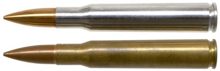 Lot 131 - A pair of Frankford Arsenal .30-06 50-year anniversary cartridges celebrating the .30-06’s 50th birthday. One chrome-plated dummy with hole in primer and one unplated live round for match use. Headstamp “* US FA * 1906-56” with label copies for both and history article. HWS Vol. III, page 139 and 116, Fig. 136. $85-110