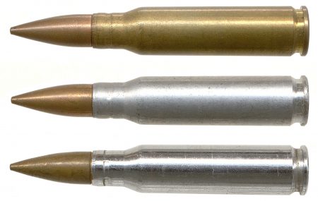 Lot 136 - A trio of three Radway Green 7.62 x 51mm NATO inspection rounds (Woodin note). All three with flat-bottom blind primer pockets with no flash holes. All three have GM bullets and mouth and neck segmented crimps. One brass case with “RG 56 L3A1” headstamp; one with bright chrome-plated case and “RG 56 7.62 L3A1” headstamp; and one with a dull, matte, nickel-looking finish with “RG – 56 7.62 L3A1” headstamp. Ex-Woodin collection. $75-125