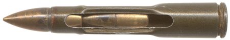 Lot 138 - 7.9 x 57mm multi-bullet load. Four wide flutes in lacquered steel case, which is cut-a-way to show bottom bullet. Dull, aluminum-looking flat primer. Headstamp: “fva 10 44 St+” Ex-Woodin collection. $65-85