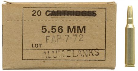 Lot 143 - Frankford Arsenal 20-round box of 5.56mm aluminum blanks, Lot FAP-7-72. Box now has two rounds with gold anodized aluminum cases, headstamp: “F A 7 1,” brass primer and red PA. Ex-Woodin collection. $55-75