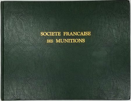 Lot 15 - Book, “Societe Francaise Des Munitions.” A hardbound catalog dated 1 May 1903, Paris, of all of the ammunition-related products produced. Full color illustrations of the individual cartridges, boxes, tins, shotshells, etc. are done with metallic ink that jumps off the page. The quality of the illustrations is simply astounding, even the artillery rounds and fuzes. Includes pinfires. Ex-Woodin collection. $350-500