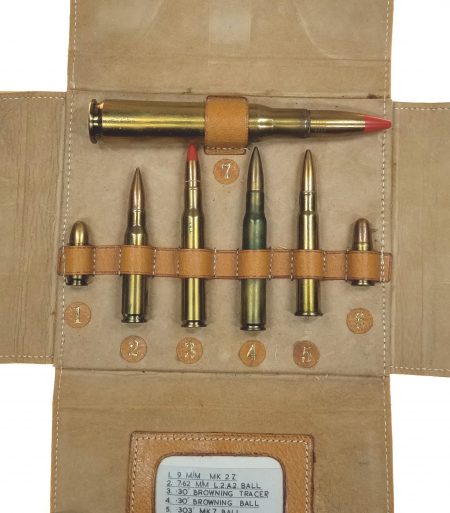 Lot 33 - ICI salesman sample kit in tan English pigskin. Snap closure with four folds which open to reveal seven cartridges from 9mmMK 2Z to .50 Browning Tracer. Ex-Woodin collection. $250-350