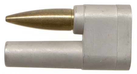 Lot 56 - Cal. 50 Folded. Light gray anodized aluminum case, dull brass primer, headstamp “GTG 1983” (Grand Technology Group), Andrew Grandy, Frankford Arsenal engineer developed. GM bullet. No indication that it’s a dummy, but no propellant heard when shaken? Ex-Woodin collection. $225-275