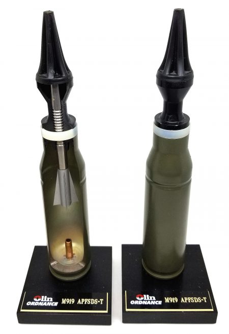 Lot 84 - A pair of Olin Ordnance 25mm M919 APFSDS-T cartridges mounted on display bases. One specimen is sectioned to show flechette and sabot assembly and the other is whole. Ex-Woodin collection. Ex-Woodin collection. $275-375