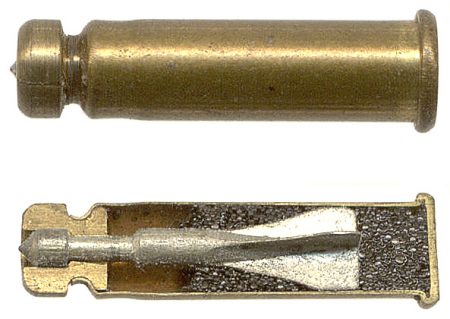 Lot 92 - A pair of early AAI SPIW (Special Purpose Individual Weapon) experimental .22 Long Rifle rimfire flechette cartridges with brass puller sabots, one sectioned and one whole (live). “SUPER X.” HWS Vol. III, page 312, Fig. 394 A and B. Ex-Woodin collection. $175-225